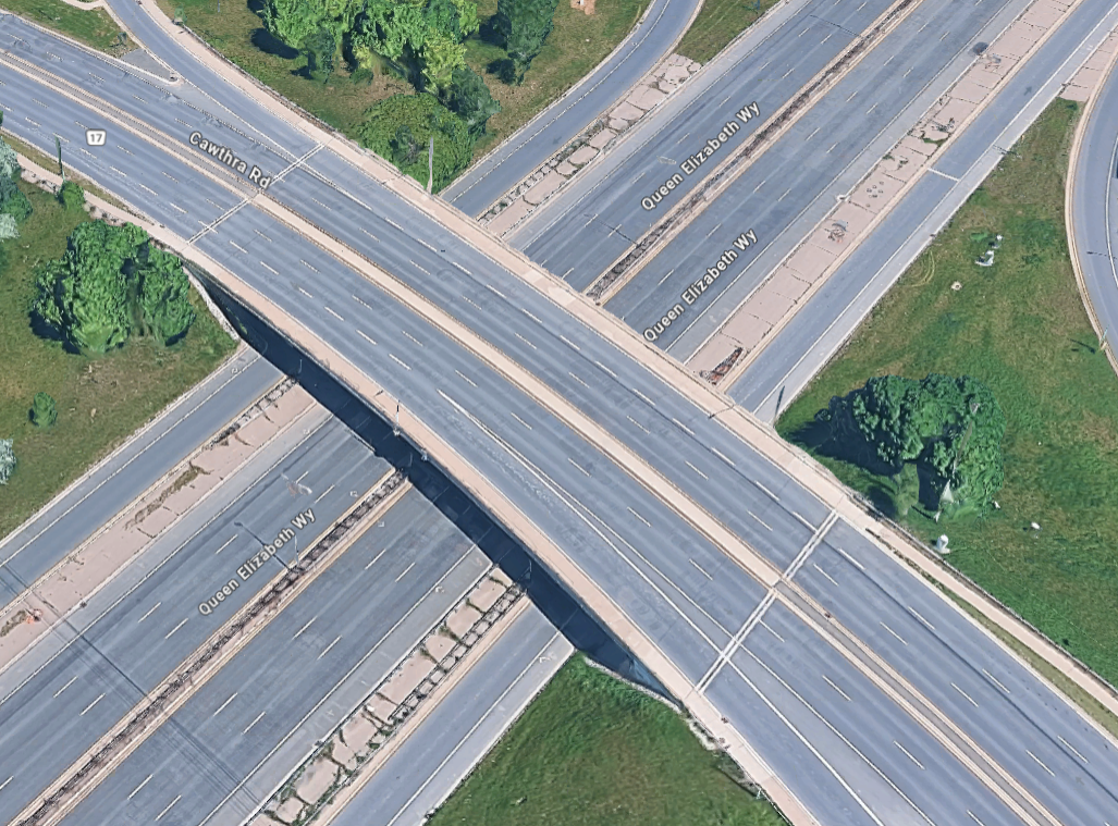 Aerial view of the Cawthra Road overpass crossing the QEW